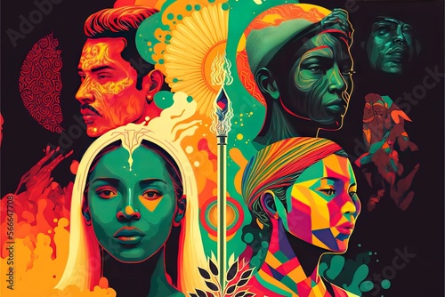 Colorful vector illustration representing the integration between different ethnic groups and cultures, a melting pot. Concept of equality and social integration, no to racism - AI generated content photo
