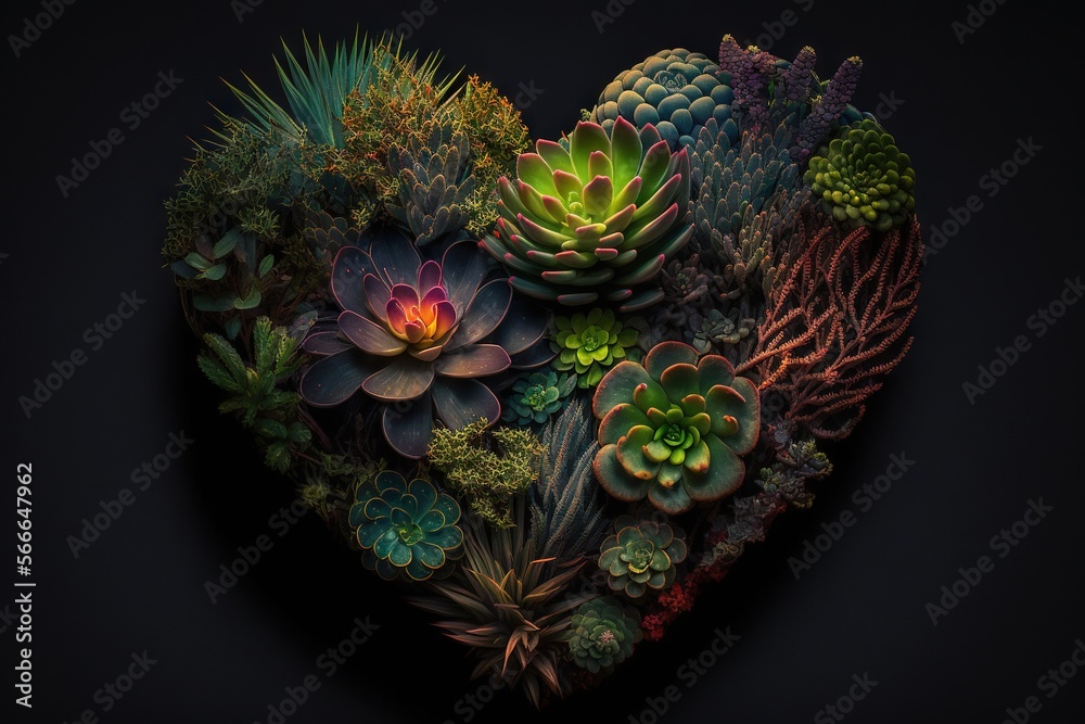Heart from plants, leaves, flowers, pattern, isolated background, generative ai
