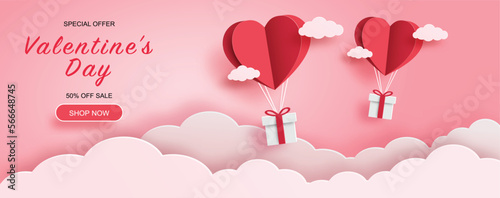 Valentine day sale background with gift boxes and red hearts balloon floating on the sky. Paper art style. Wallpaper, flyers, invitation, posters, brochure and banner. Vector illustration.