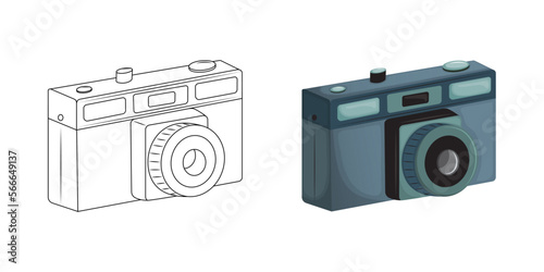 Old hand held photo camera. Coloring page for children. Contour icon. Kids coloring book for elementary school. Black and white illustration. Vector icon.