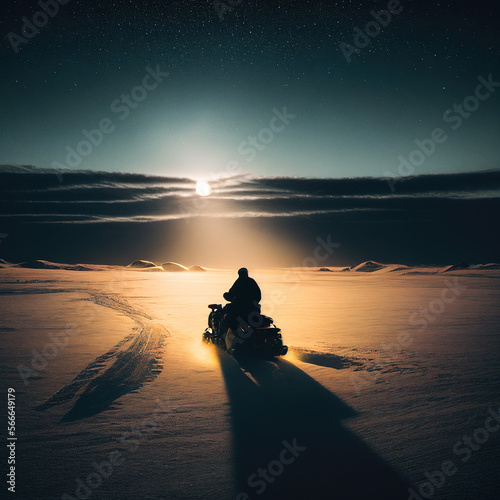 Persona no reconocible utilizando una moto de nieve en un paisaje nevado al atardecer. Imagen generada con AI photo