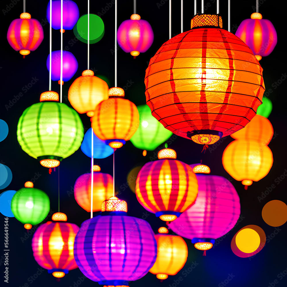 Obraz premium Lantern Festival Design, bright and eye-catching design featuring iconic symbols of Lantern Festival, such as colorful lanterns, traditional foods, dragon dance, with modern and commercial twist. AI