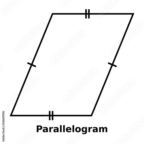 Simple monochrome vector graphic of a parallelogram. This is a shape with four sides where opposite sides are of equal length and are also parallel to each other