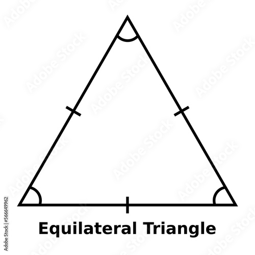 Simple monochrome vector graphic of an equilateral triangle. This is a shape with three sides of equal length and all angles equal to sixty degrees photo