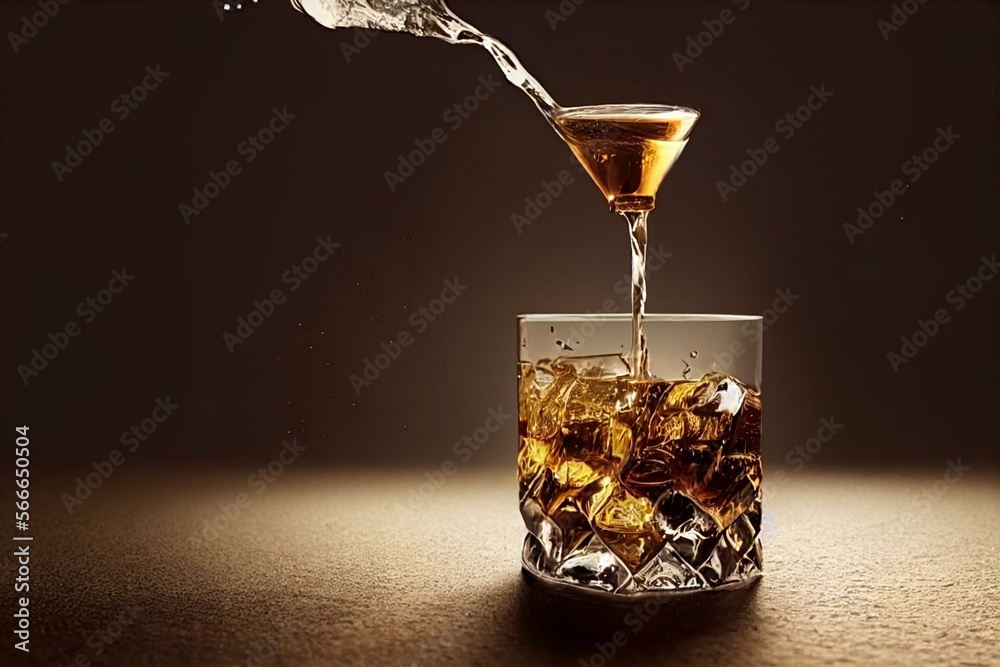 Super slow motion of pouring whiskey or rum with camera motion. Speed