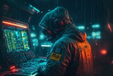 rainy nights on a submarine, attractive male DJ playing on detailed warp drive with wires and cables in a mech suit. generative AI