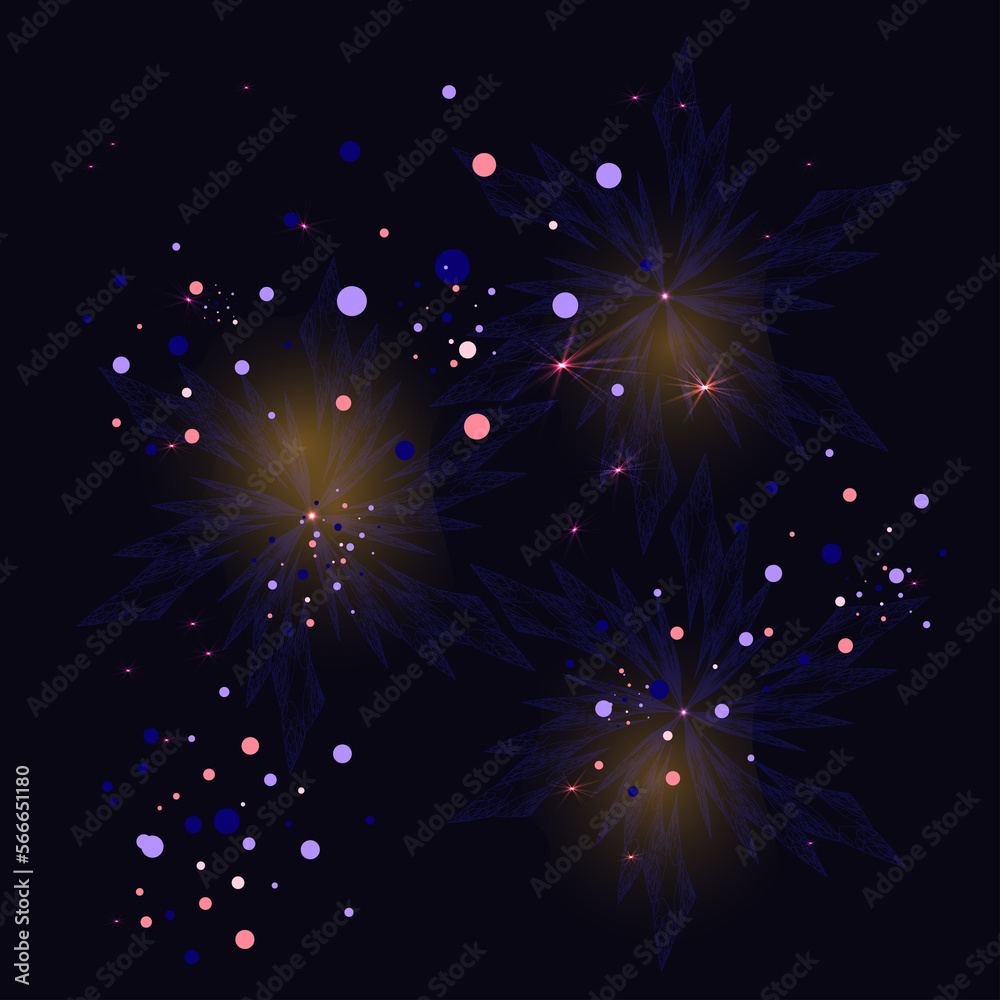 Star-shaped shapes, bright colored circles on a dark background.3d. Star-shaped shapes, bright colored circles on a dark background.3d.