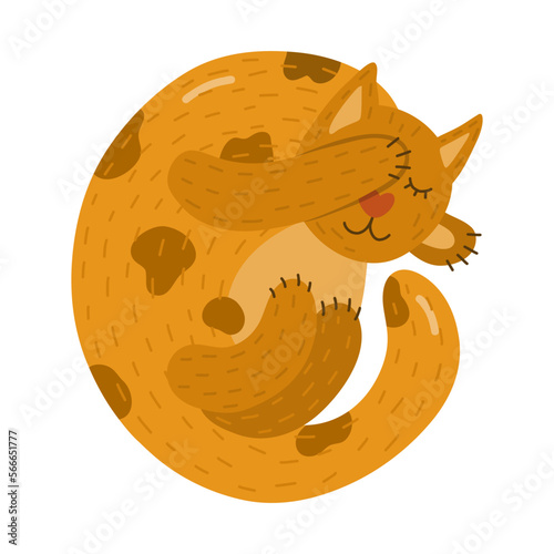 Cute cat chilling in funny pose. Kitty character sleeping and covering head with paw. Kawaii lazy kitten is perfect for print, stickers, t-shirts, greeting card. Hand drawn vector illustration.