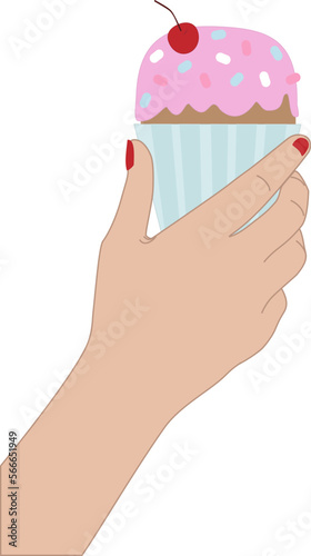 Vector illustration of woman hand with white skin holding a cupcake with cherry cream and frosting in cartoon style. Female hand holding muffing with berry take away
