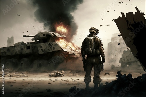 the silhouette of a soldier stands against the backdrop of a burning tank and a destroyed city