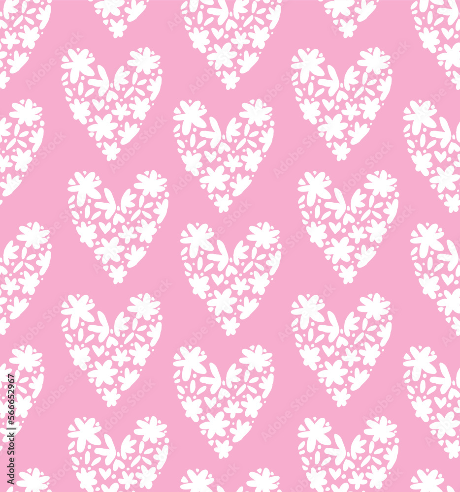 Simple Romantic Seamless Vector Pattern with White Hearts Isolated on a Light Pink Background. Hand Drawn Valentine Print with Hearts made of Flowers ideal for Fabric, Textile, Wrapping Paper. 