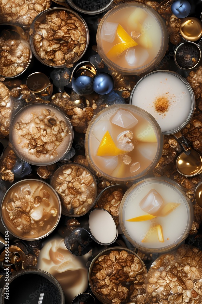 creamy cocktail with muesli on dark background, closeup - generative ai