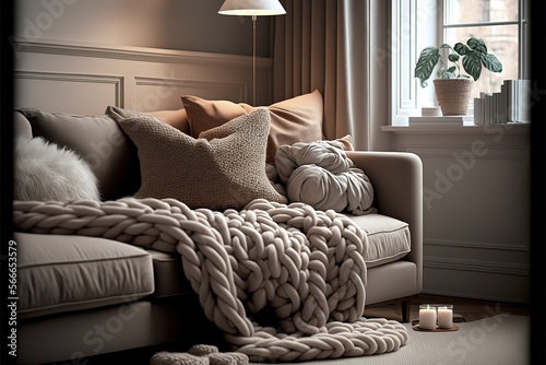 Cozy living room interior with beige sofa, knitted blanket and cushions