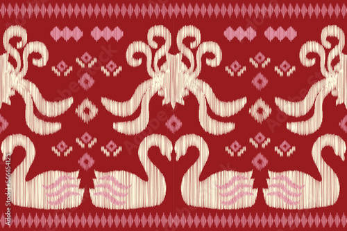 Ethnic Ikat fabric pattern geometric style.African Ikat embroidery swan Ethnic crimson red pink background. Abstract,vector,illustration.For texture,clothing,wrapping,decoration,carpet.