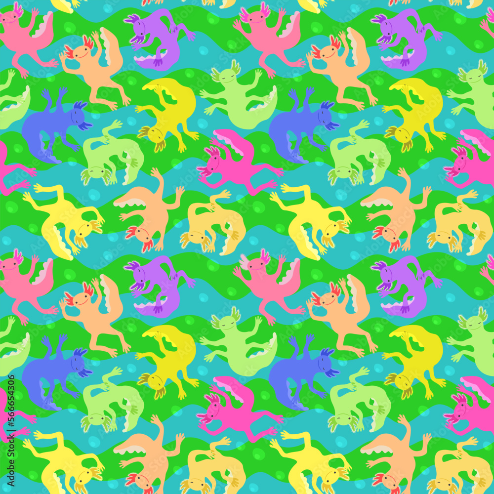 Vector bright seamless pattern with colorful axolotls in blue and green waves and bubbles.
