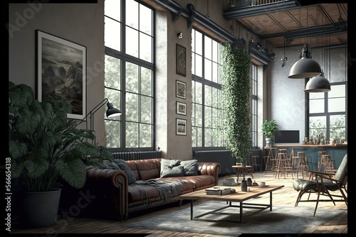 Living room interior in loft, industrial style © Azar