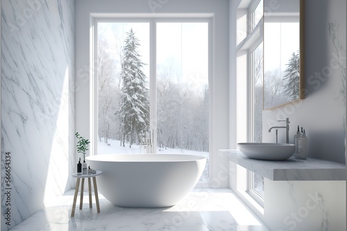 modern white bathroom with white marble and bathtub