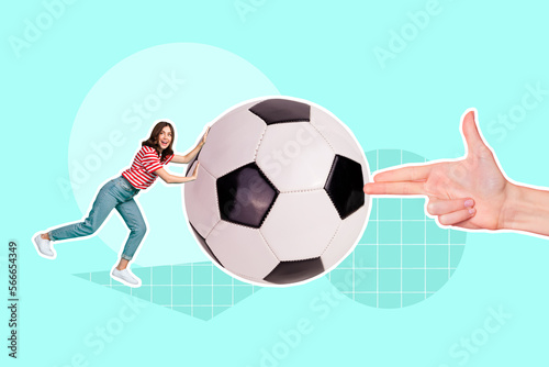 Creative magazine template collage of mini excited lady sportswoman push football playing world final cup match