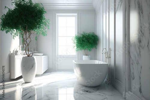 modern white bathroom with white marble and bathtub