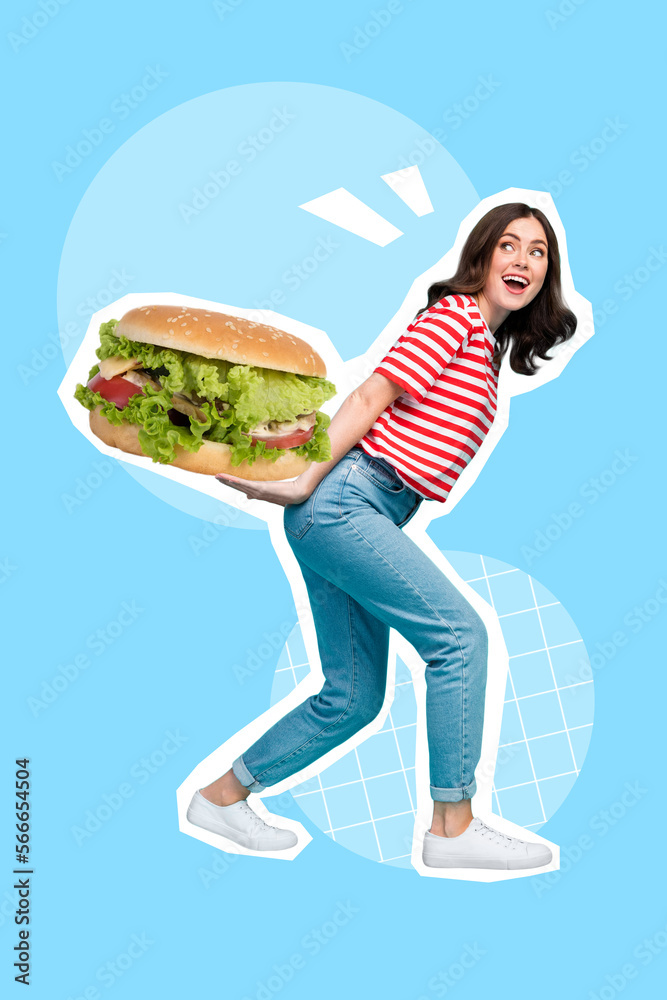 Creative template poster collage of funky lady hold burger shop delivery concept on blue color background Creative template poster collage of funky lady hold burger shop delivery concept on blue color background