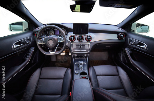 Inside moden car background, luxury car interior elements wallpaper. Black leather car interior. Inside car interior with transparent background png illustration