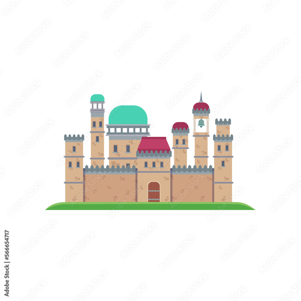 Medieval fortress or castle vector illustration. Cartoon drawing of stone building with towers and gate isolated on white background. Architecture, construction, history concept