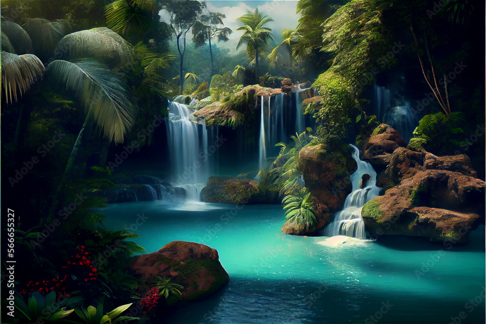 Exotic landscape with a tropical lagoon and a waterfall, generative AI - obrazy, fototapety, plakaty 