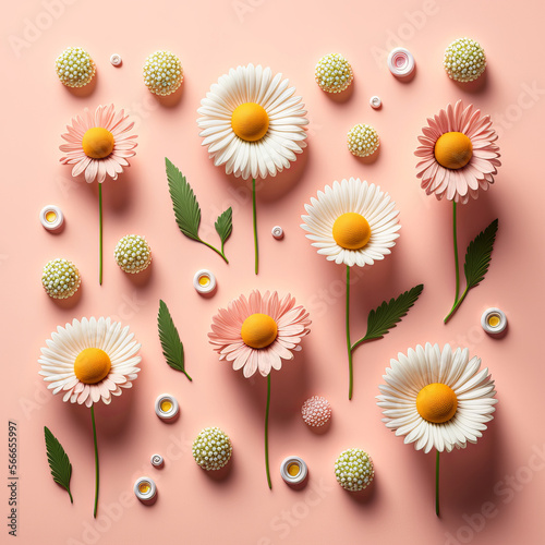 Spring daisy flowers on a pink background. flay lay design. Generative ai