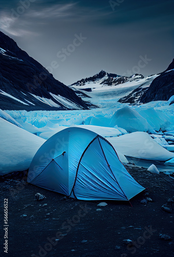 Blue tent on a white glacier in the mountains early morning. Generative AI.