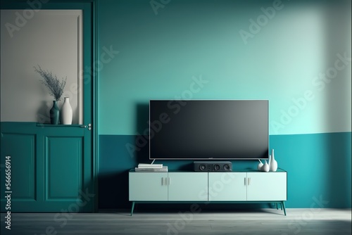 Two tone color wall background,Modern living room decor with a tv cabinet © Azar