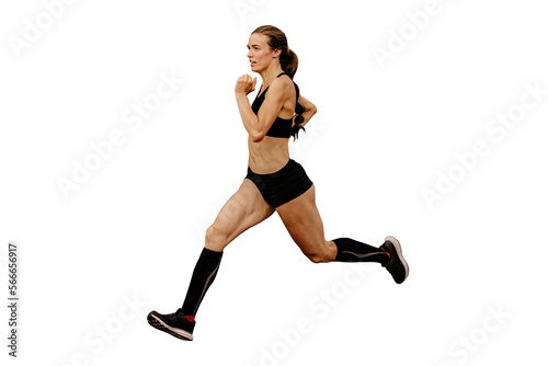 female athlete in compression socks running isolated