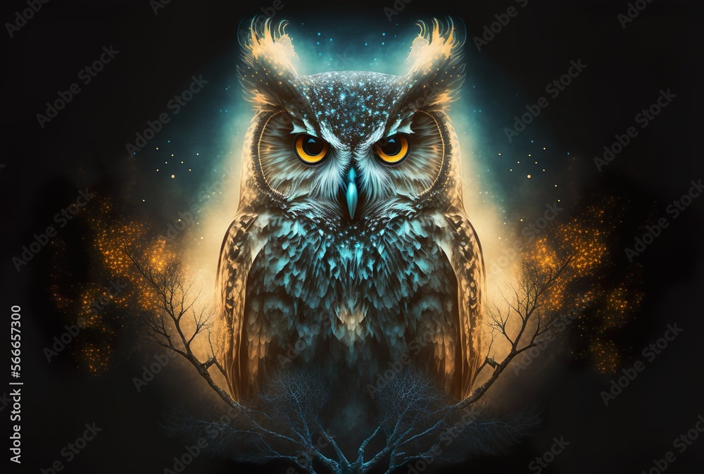 wise owl with glowing eyes front and center transforming into ghostly smoke. generative ai wise owl with glowing eyes front and center transforming into ghostly smoke. generative ai