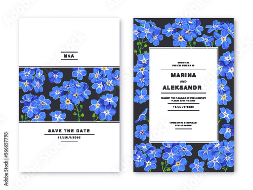 Template card, greeting, flyer, label, advertising banner or post design with botanical elements. Realistic blue forget-me-not flowers on dark background. Vector detailed plants drawn by hand. 