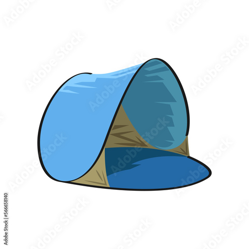 Blue open camping tent vector illustration. Cartoon drawing of camper tent, travel home isolated on white background. Camping, traveling, tourism concept