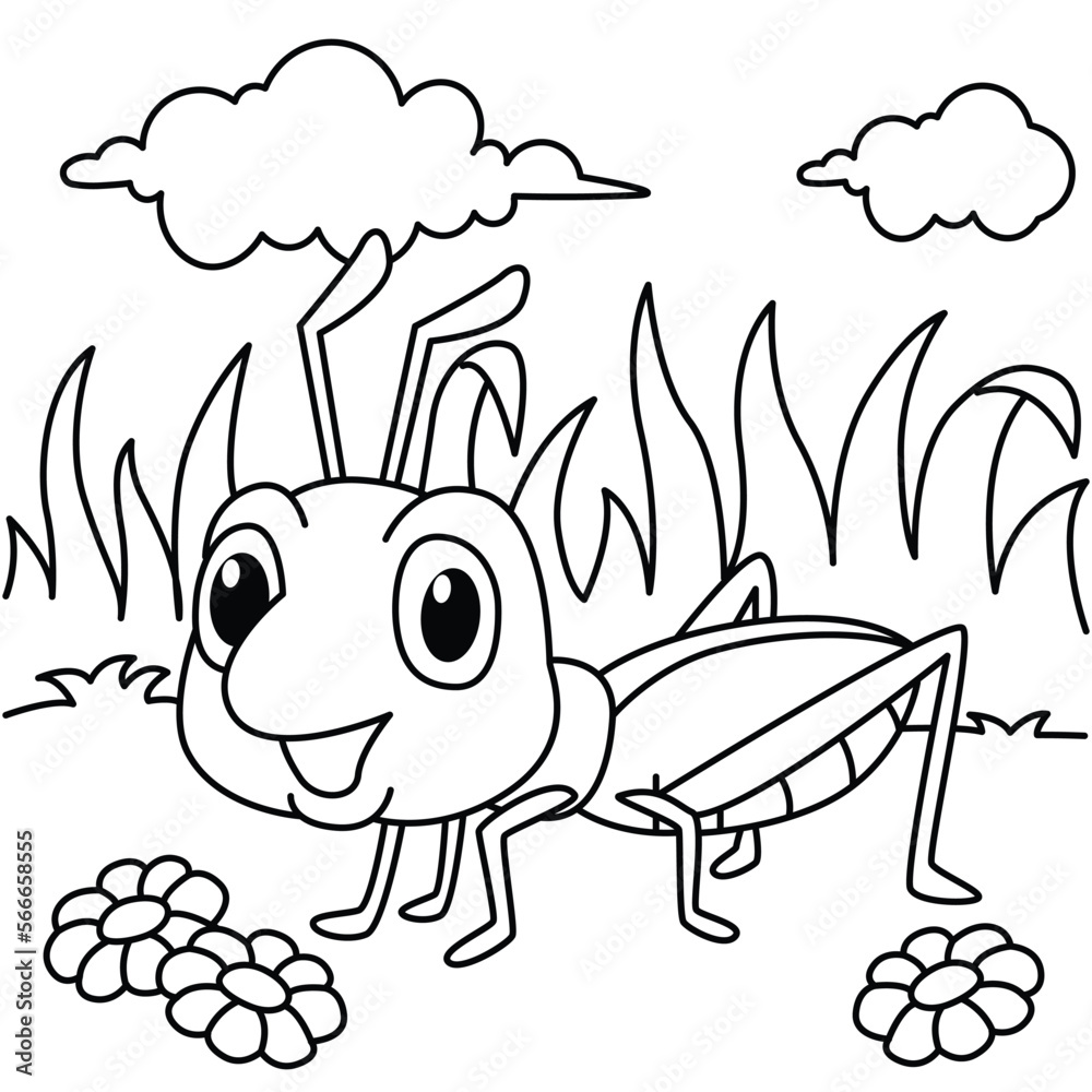 Obraz premium Funny grasshopper cartoon characters vector illustration. For kids coloring book.