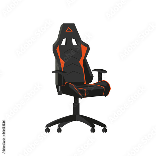 Gaming chair with red elements vector illustration. Drawing of computer chair, comfortable equipment for gaming isolated on white background. Furniture, gaming, comfort concept