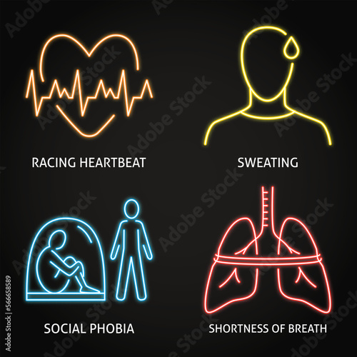 Neon stress and anxiety symptoms icon set
