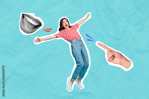 Creative weird collage poster of scared lady falling down surreal finger mouth hater critics judges internet bully concept photo
