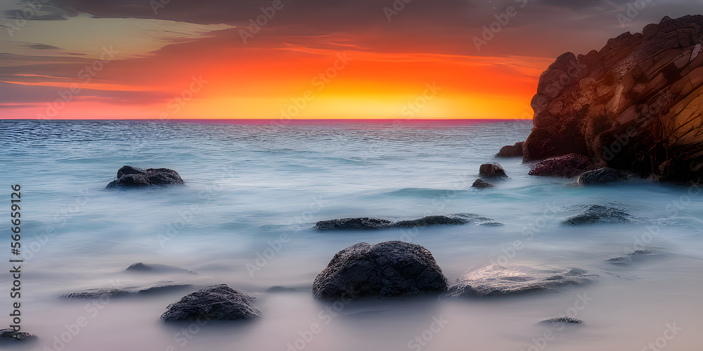 a picturesque beach with a rocky coastline and a dramatic sunset in the background