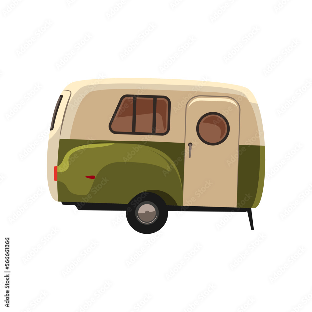 Green and beige camping transport vector illustration. Cartoon drawing of camper van, travel car, trailer and RV as mobile home isolated on white background. Camping, traveling, tourism concept