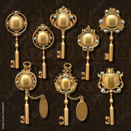 A group of vintage golden skeleton keys, each featuring intricate details and various shapes and sizes. Two of the keys are linked to keychains with blank labels ready for adding text. 3D illustration