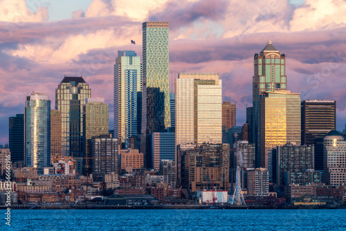 Seattle City Skyline At Sunset