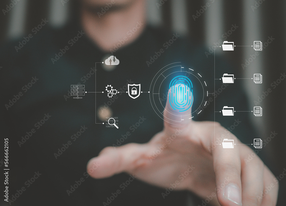 Internet security and data protection concept. Data Security system.Businessman protecting data personal information. Cyber security network and fingerprint indentification to access data.