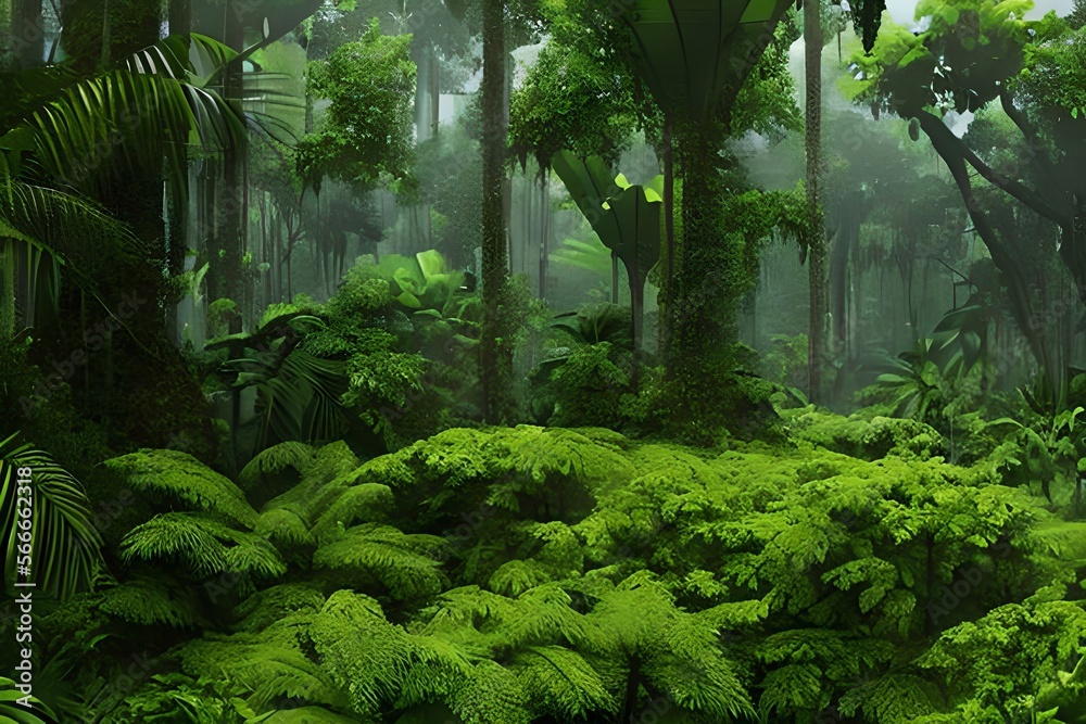 A dark tropical forest in the rain. Generative AI