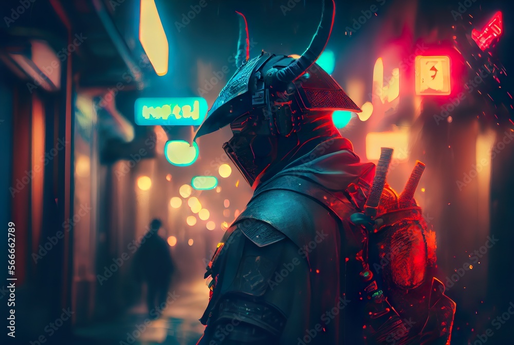Armed samurai and street with blurred neon lights at night on background, digital illustration. generative ai Armed samurai and street with blurred neon lights at night on background, digital illustration. generative ai