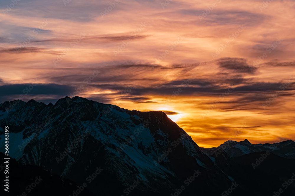 Beautiful alpine sunset view at the famous Ahorn summit, Mayrhofen, Zillertal valley, Tyrol, Austria