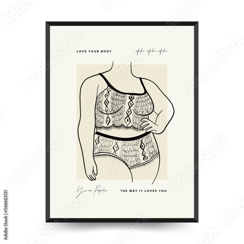 Feminism body positive poster template, wall art with minimalistic female figure, love to own figure, female freedom, girl power isolated vector illustration. Abstract body Art design for print, cover