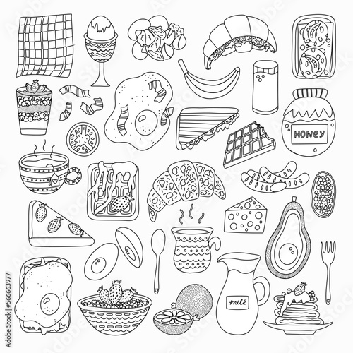 Big set of food and beverage for breakfast. Different variations for meal: vegetarian, healthy, fried, meat. Popular products. Egg, oatmeal, milk, avocado, toast, coffee, croissant, chia, pancakes.