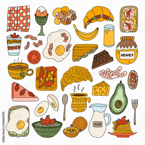 Big set of food and beverage for breakfast. Different variations for meal: vegetarian, healthy, fried, meat. Egg, oatmeal, milk, avocado, toast, croissant, chia, pancakes. Colorful hand drawn doodle.