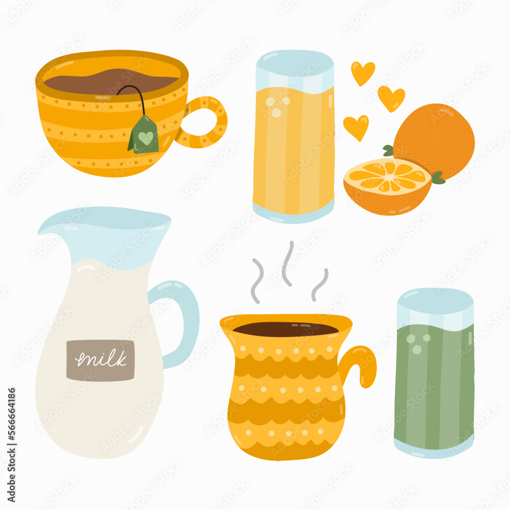 Set of beverage for breakfast. Different variations for drink: vegetarian, healthy. Popular products. Cup of tea with tea bag, coffee, milk in a graph, glass of freshly squeezed orange juice, smoothie Set of beverage for breakfast. Different variations for drink: vegetarian, healthy. Popular products. Cup of tea with tea bag, coffee, milk in a graph, glass of freshly squeezed orange juice, smoothie